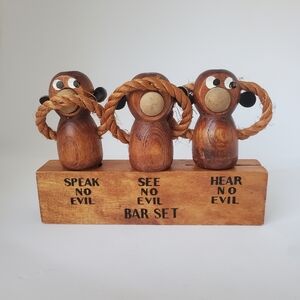 Vintage Wooden Monkeys Bar Tool Set Hear No Evil • See No Evil • Speak No Evil